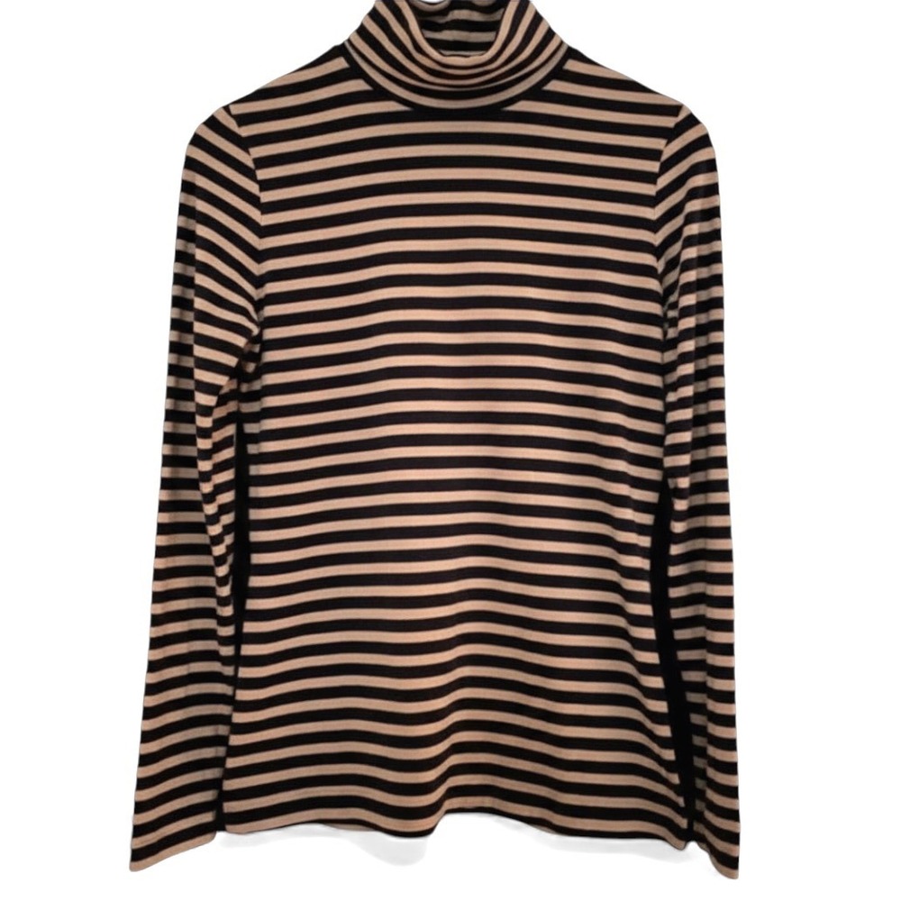 LANDS END Turtleneck T-Shirt Top FITTED TAN/BLACK STRIPES Cotton Blend Jersey M
